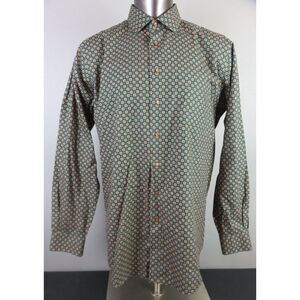 Mens Paul Fredrick Long Sleeve‎ Button Front Shirt Brown Geometric Size 17 x 37